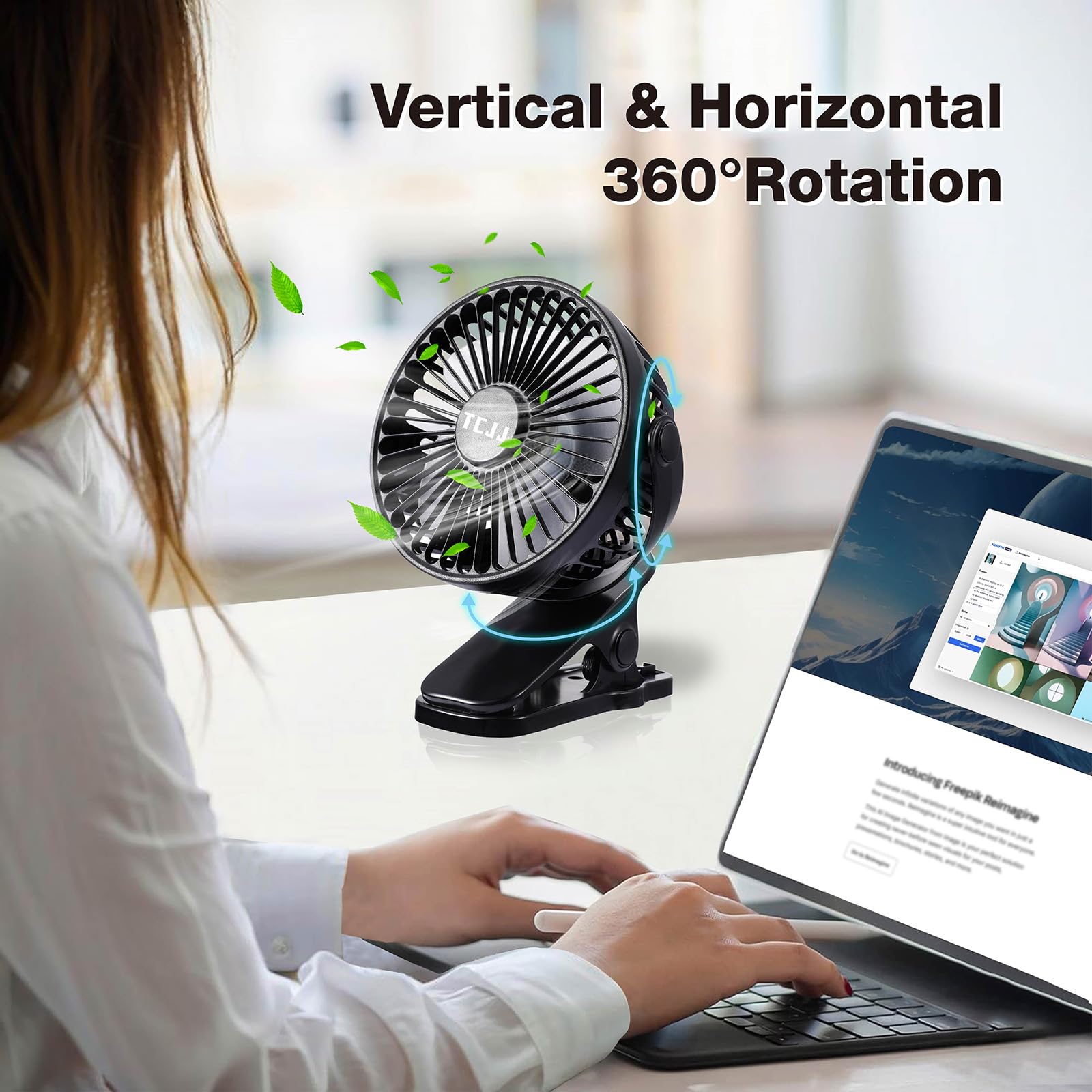 TCJJ clip-on fan car-backseat demonstrates USB power for travel cooling.
