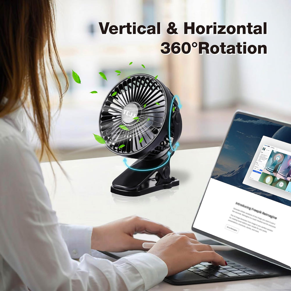 TCJJ clip-on fan car-backseat demonstrates USB power for travel cooling.