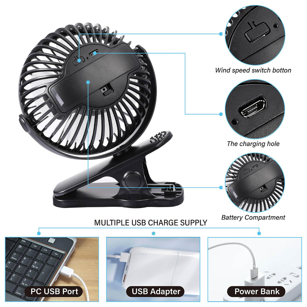 TCJJ clip-on fan side view highlights 360 degree rotation for versatile airflow.