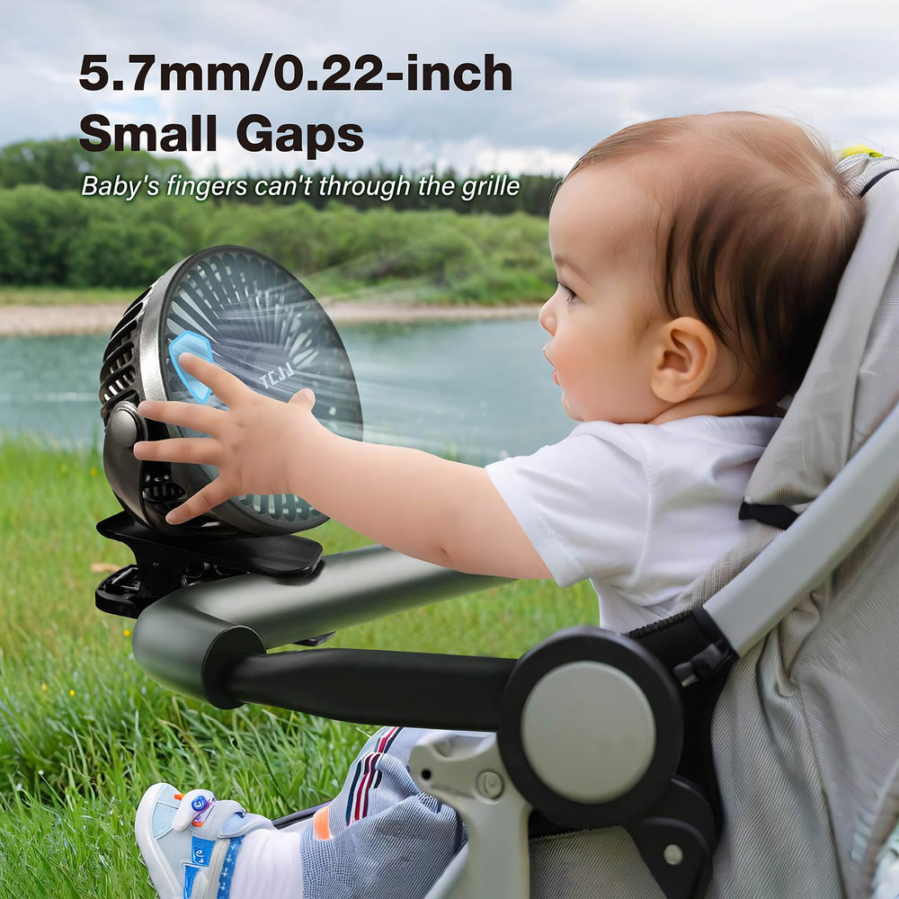 TCJJ stroller clip fan shows safe airflow for babies during walks.
