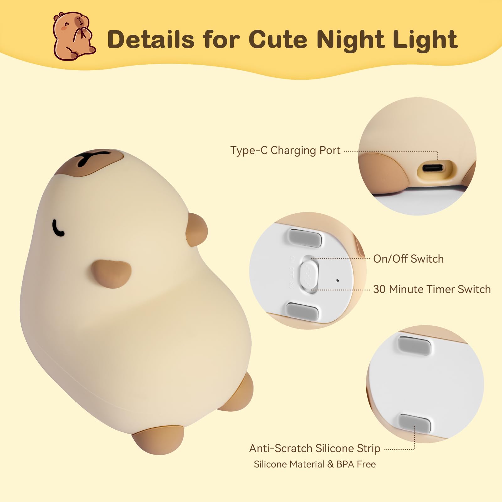 TCMOT Capybara silicone night light close-up showing safe, durable material