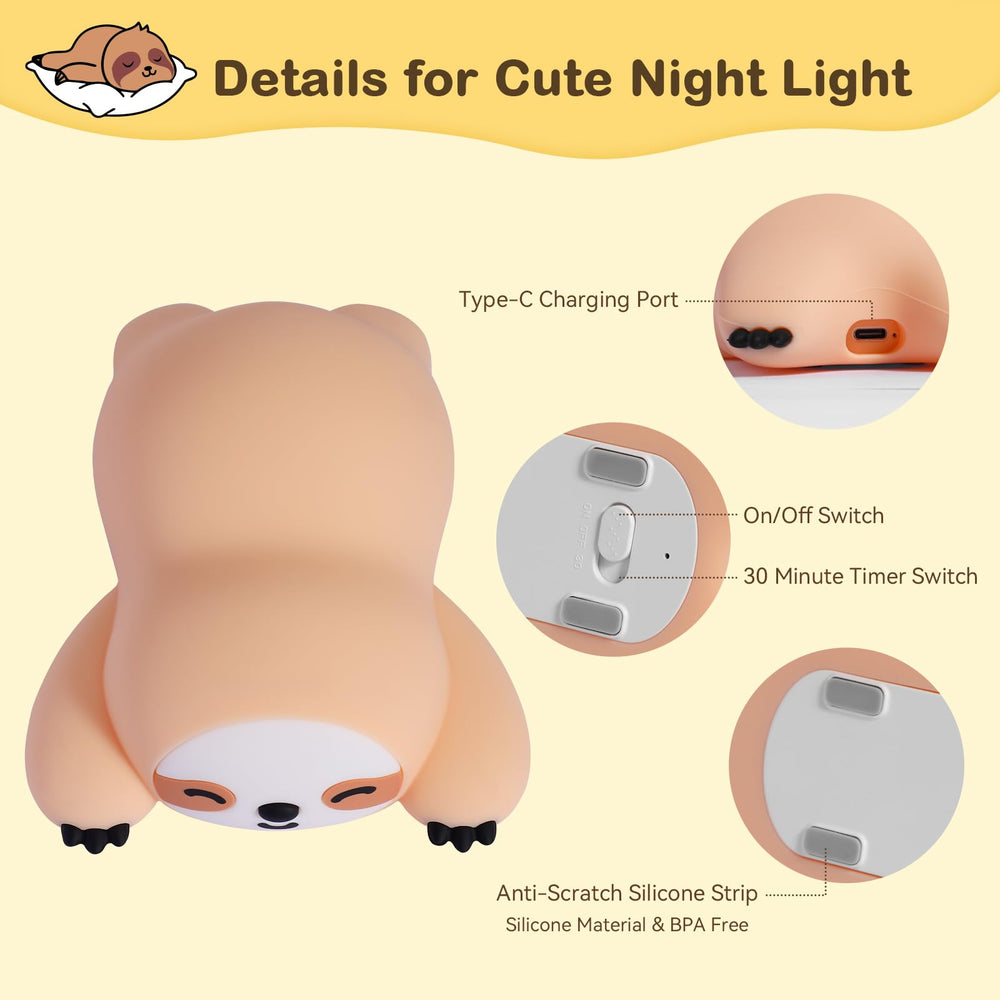 TCMOT Sloth Night Light with rechargeable battery for cordless, 6-hour ambiance