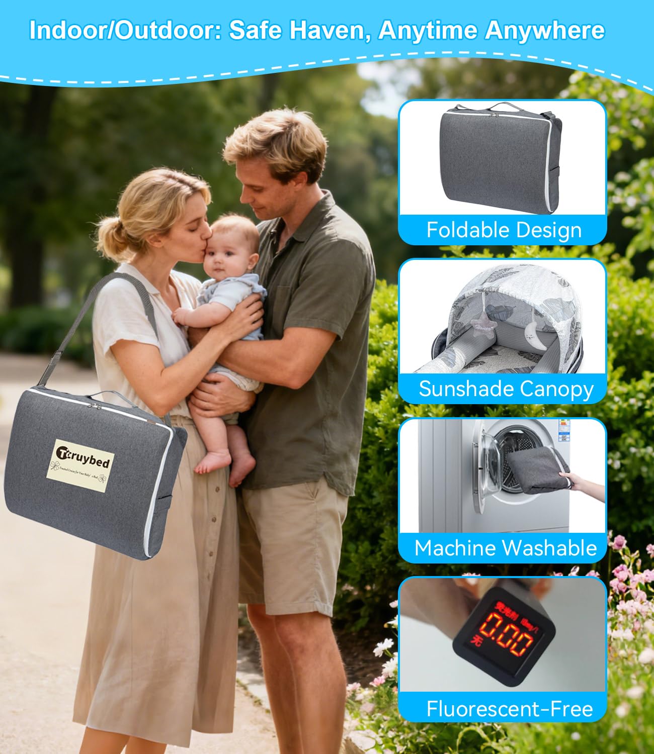 Tcruybed baby lounger with backpack straps for hands-free transport