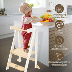 TDKDHoming foldable toddler tower in birch wood provides natural warmth and sturdy support.