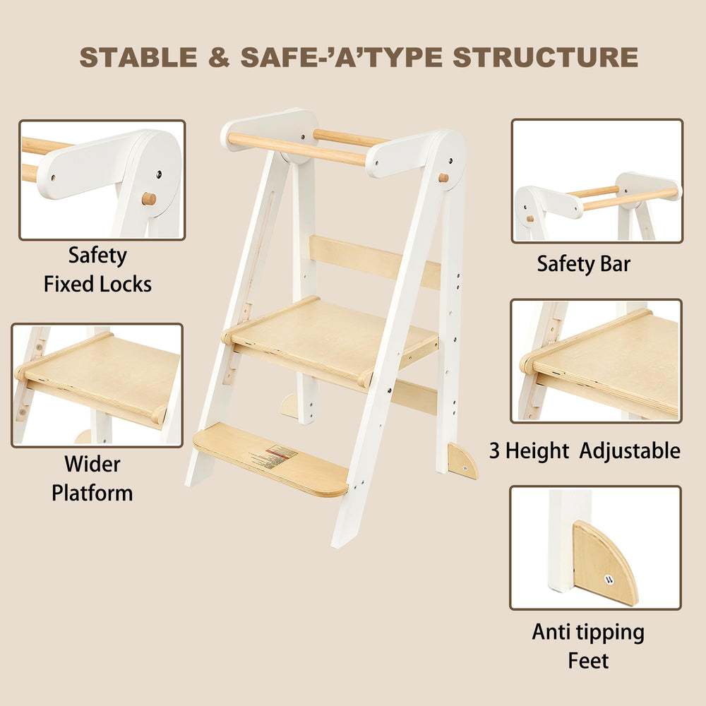 TDKDHoming foldable toddler tower safety crossbar and anti-tip feet enhance stability during tasks.