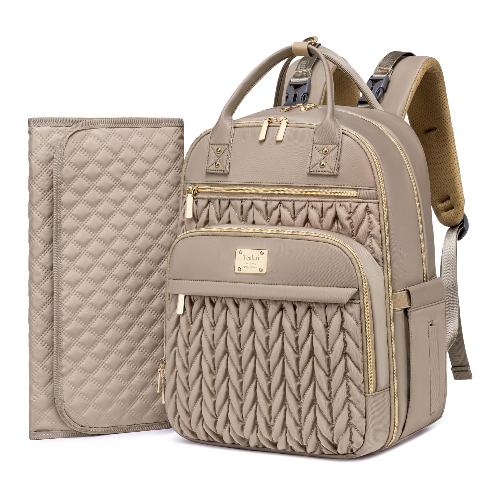 Tealari diaper bag backpack front view in khaki with quick-access pockets for busy parents.