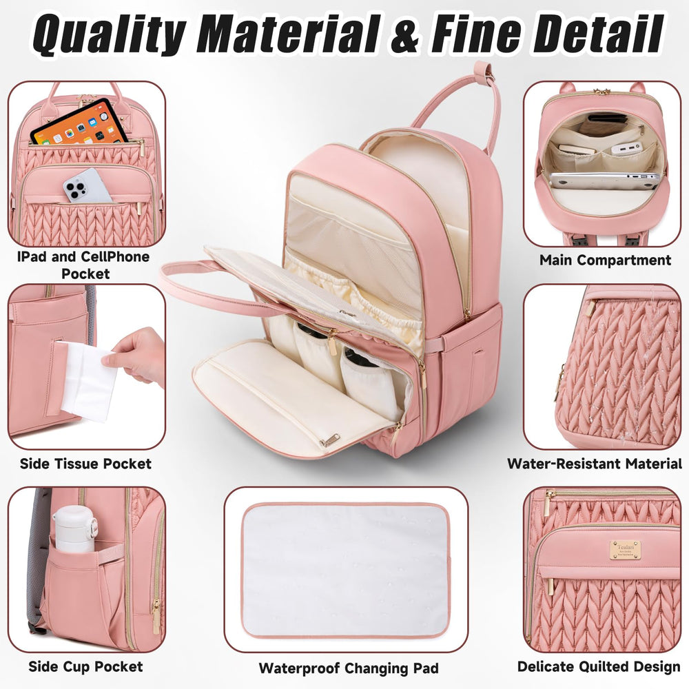Tealari diaper bag backpack insulated bottle pockets help keep drinks ready.