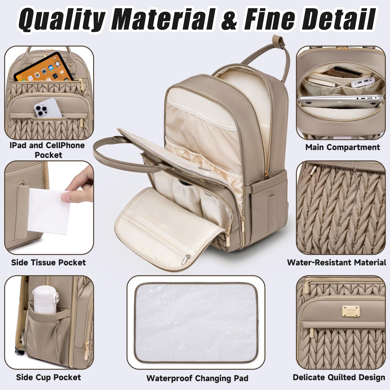 Tealari diaper bag backpack laptop compartment fits up to 15.6 inches.
