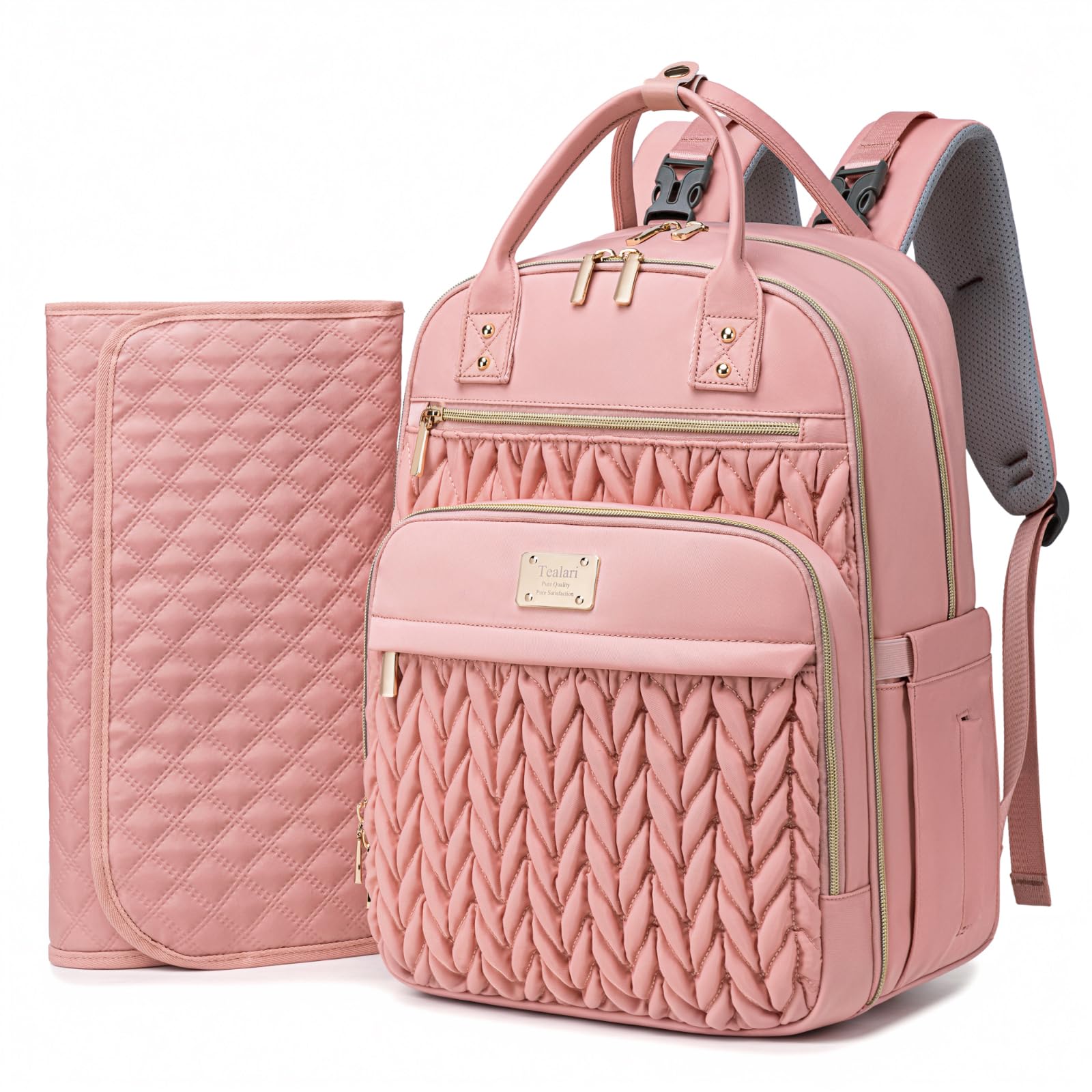 Tealari diaper bag backpack pink front view shows stylish organization for daily outings.