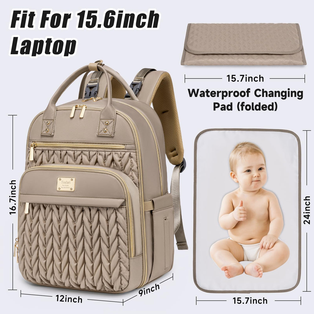 Tealari diaper bag backpack side view showing multiple pockets for baby essentials on the go.