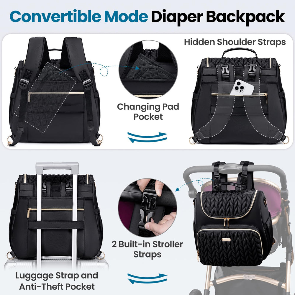 Tealari diaper bag backpack with stroller straps for secure stroller mounting.