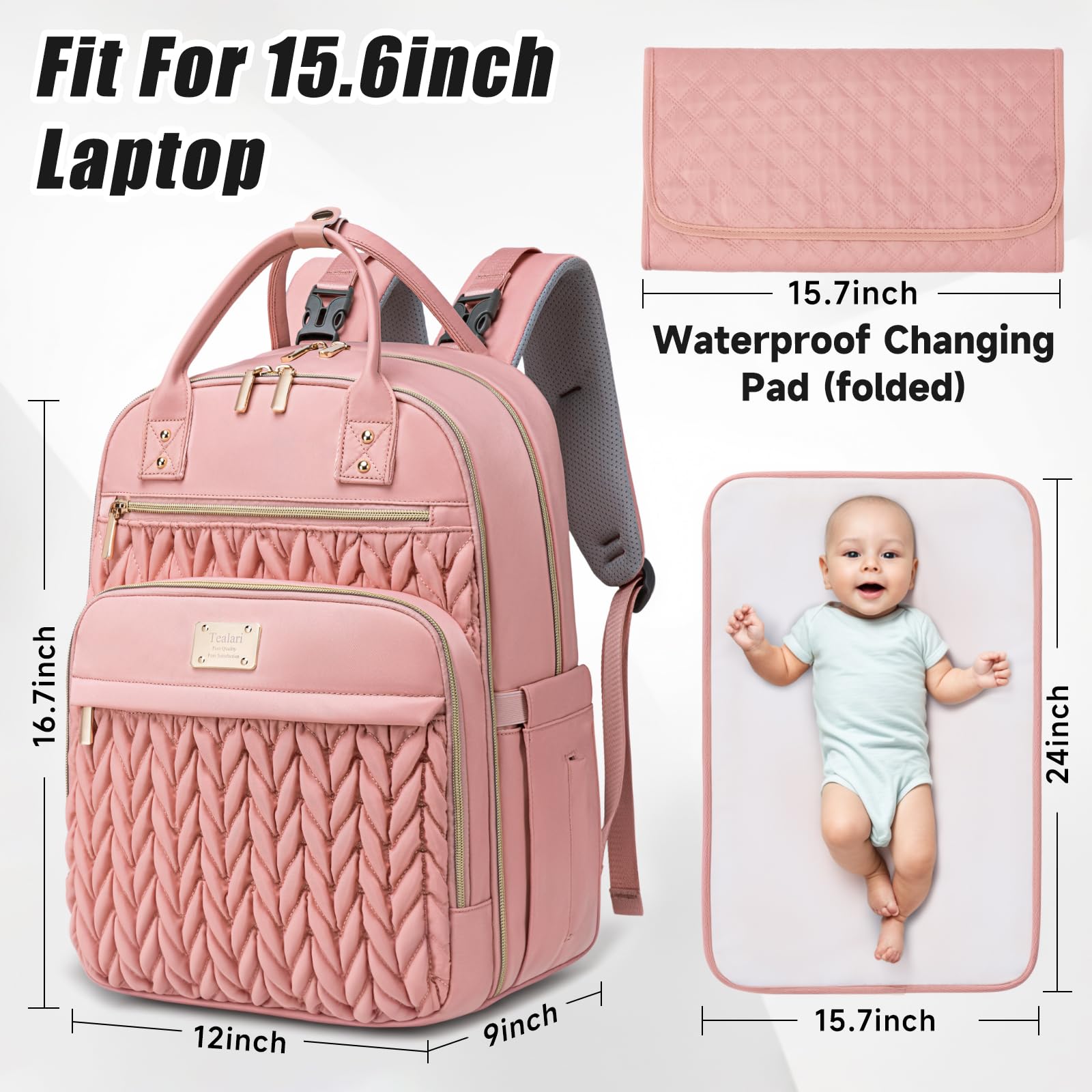 Tealari diaper bag backpack pink waterproof material keeps gear dry during rain.