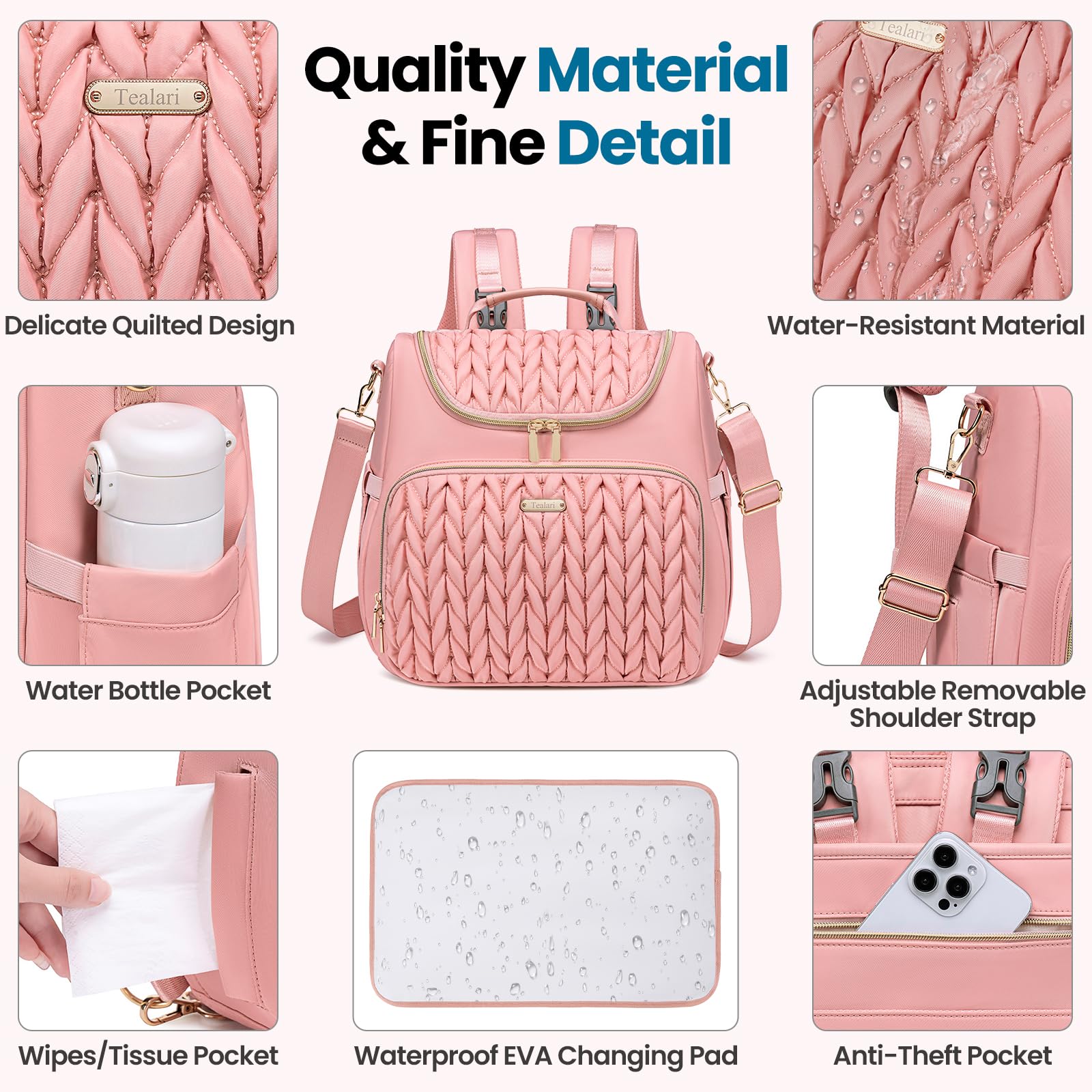 Tealari large capacity diaper bag with 16 pockets keeps essentials neatly organized.