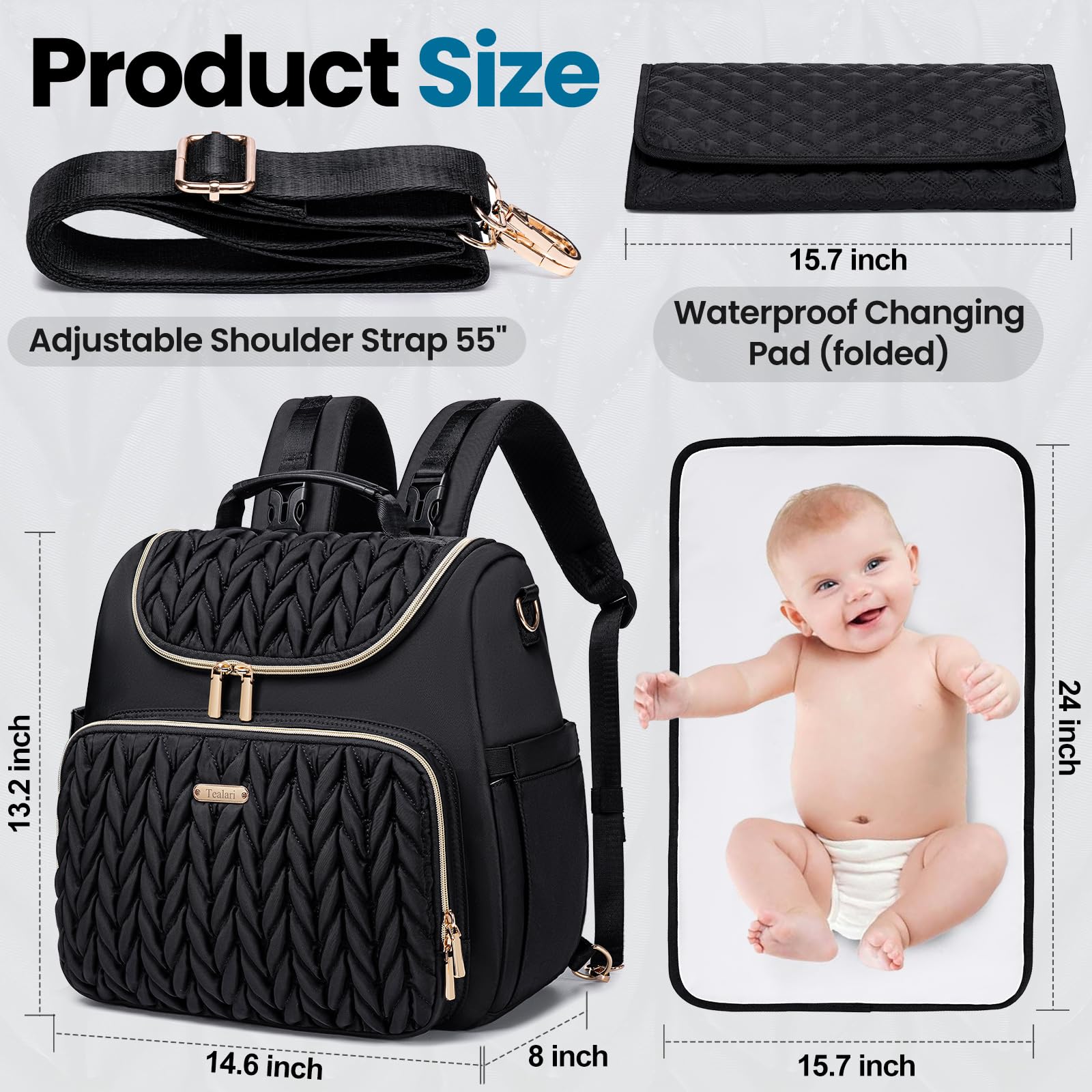 Tealari waterproof diaper bag with changing pad, ideal for easy diaper changes on the go.