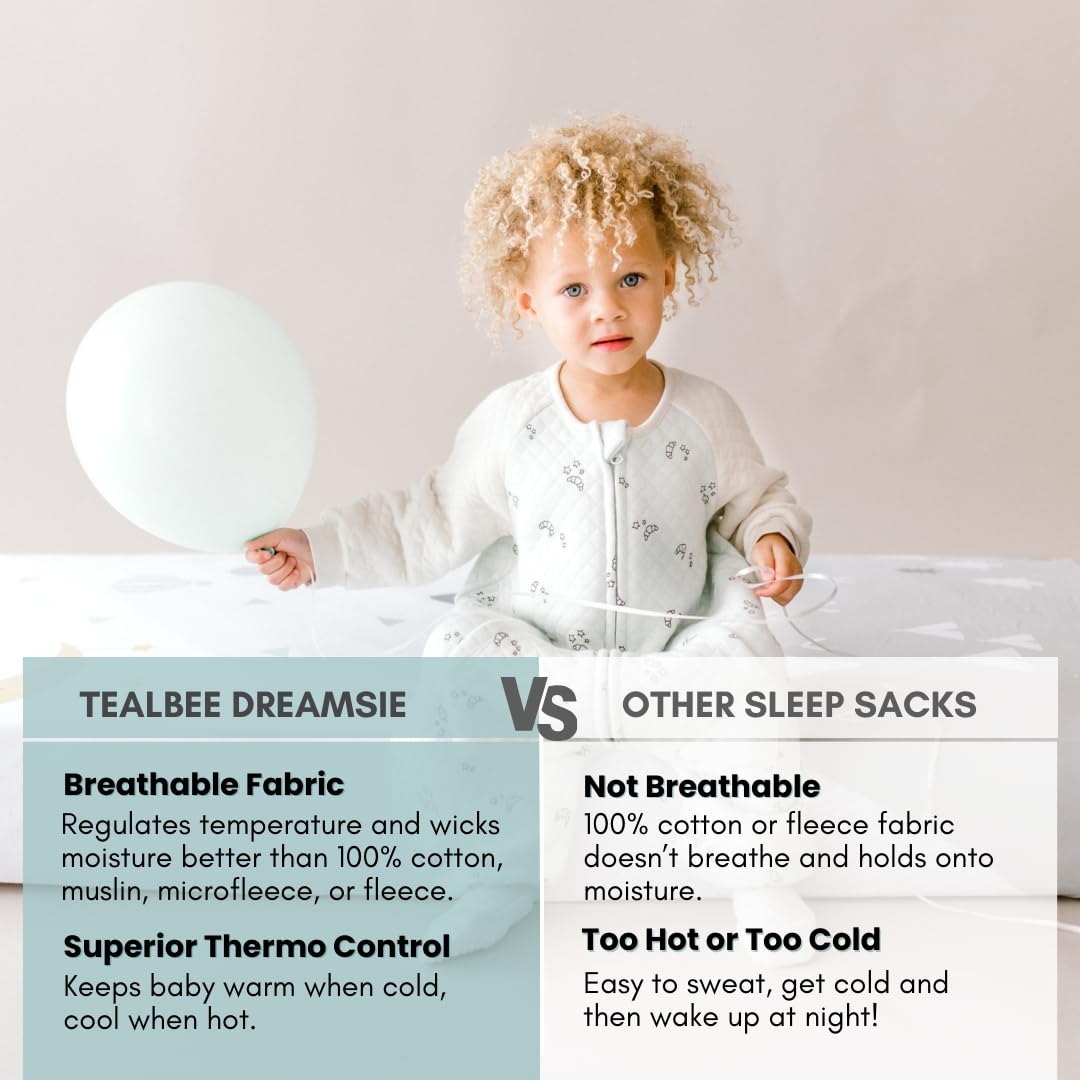 Tealbee Dreamsie footed design side view highlights safe movement in crib.