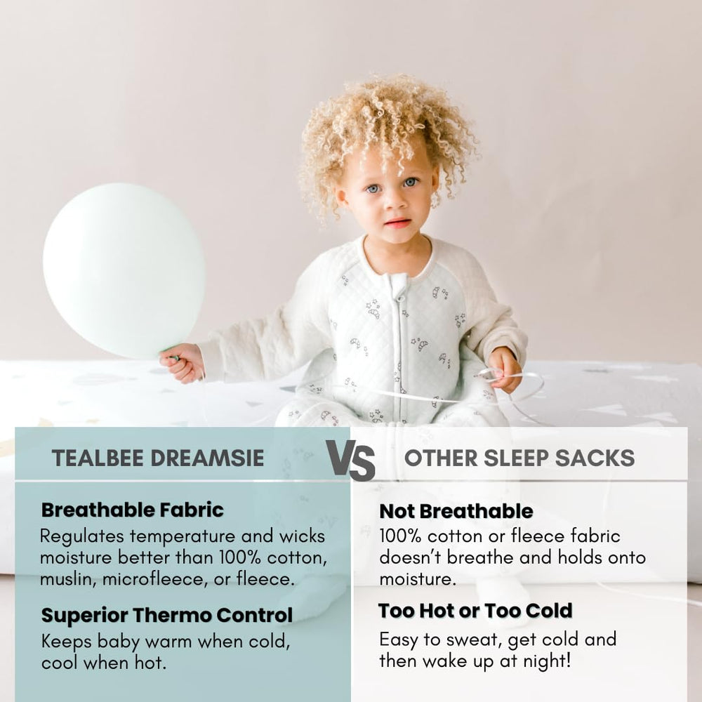 Tealbee Dreamsie footed design side view highlights safe movement in crib.
