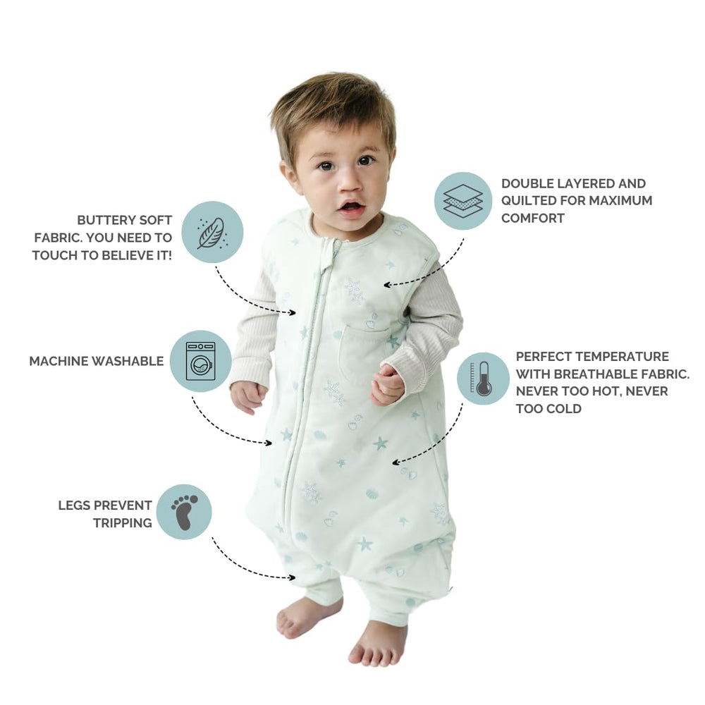 Tealbee Dreamsuit bedtime scene emphasizes secure sleep in a walker-friendly sleep bag.