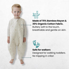 Tealbee Dreamsuit walker sleep bag shows open feet design to prevent tangling.