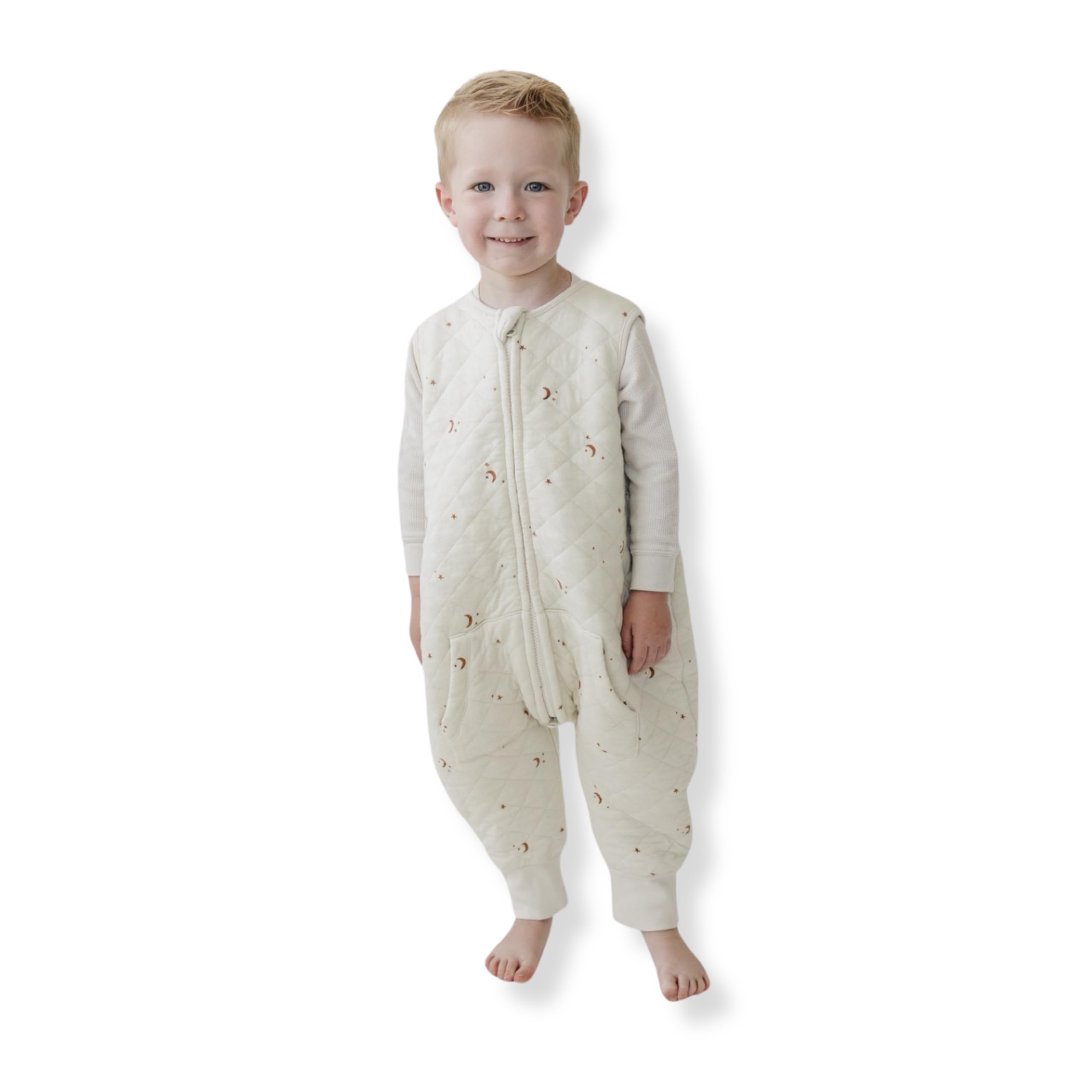 Tealbee Dreamsuit with feet in moons and stars keeps toddlers warm and secure.