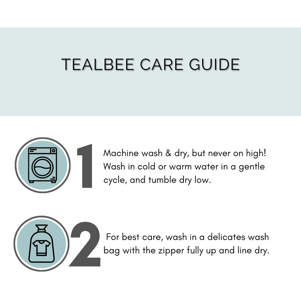 Tealbee Dreamsuit size chart image illustrates height-based sizing for growth alignment.
