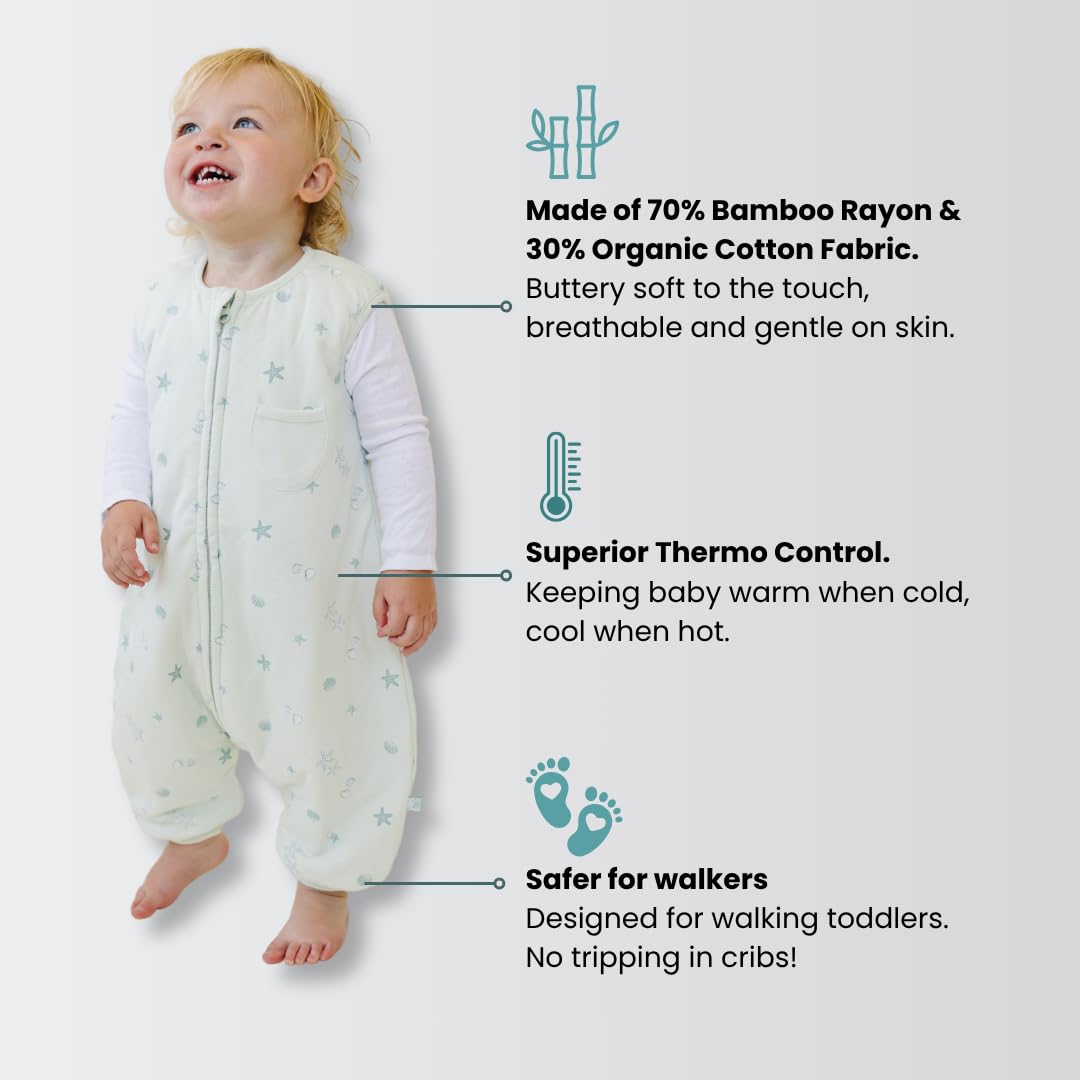 Tealbee Dreamsuit seashell open-feet allows natural toddler movement.