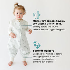 Tealbee Dreamsuit open-foot design demonstrates leg freedom to prevent tangling.