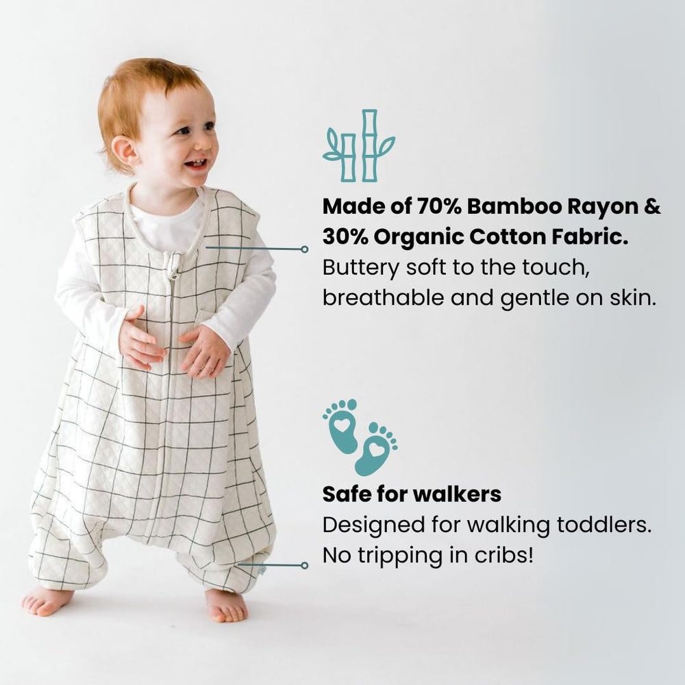 Tealbee Dreamsuit walker sleep bag with legs shows roomy hip area for safety.