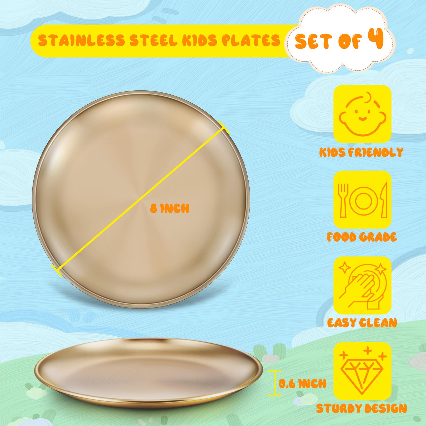TeamFar 4-pack stainless steel plates—unbreakable design ideal for camping and travel meals.