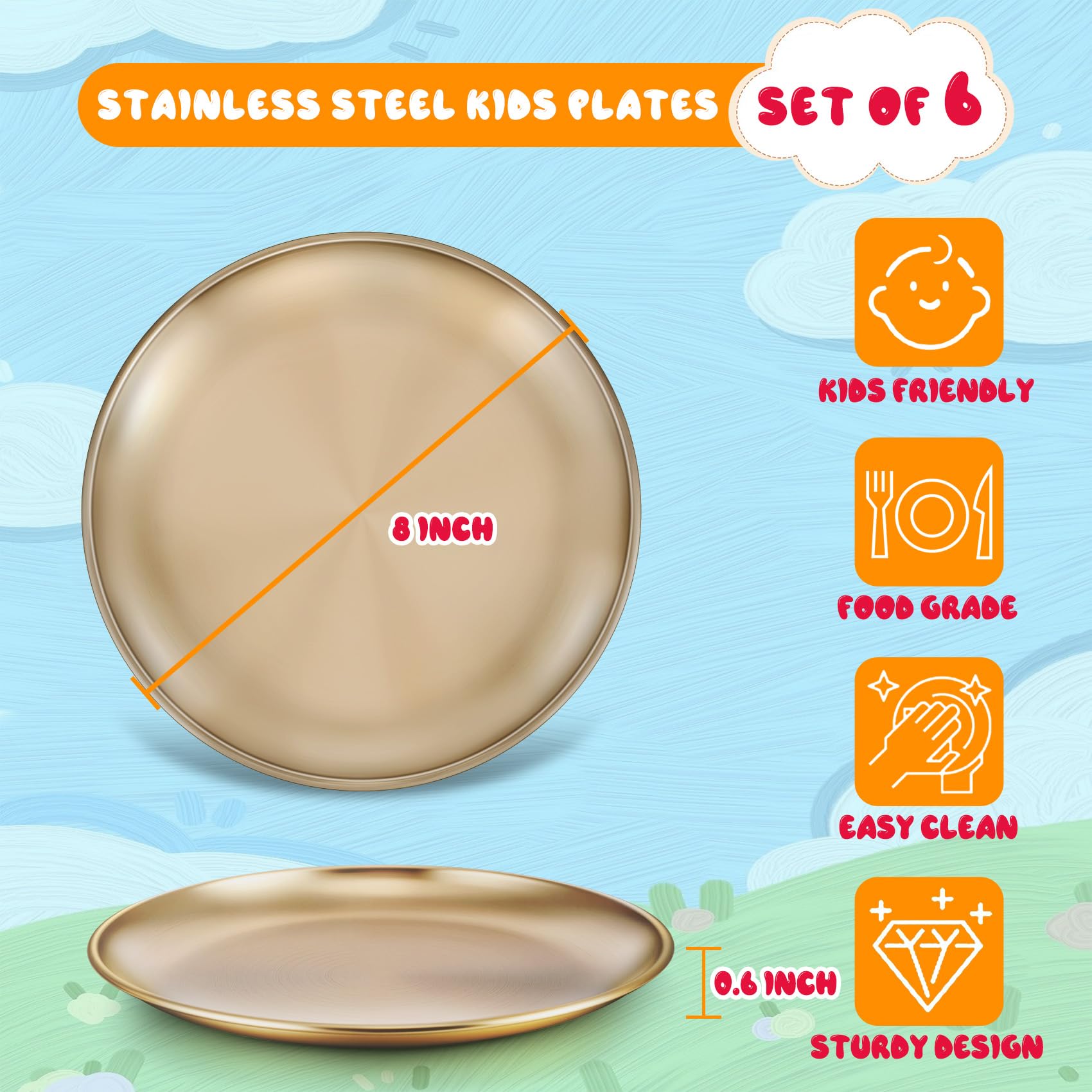 TeamFar Kids Plates close-up of gold 8-inch plate highlighting durable metal build for camping and travel