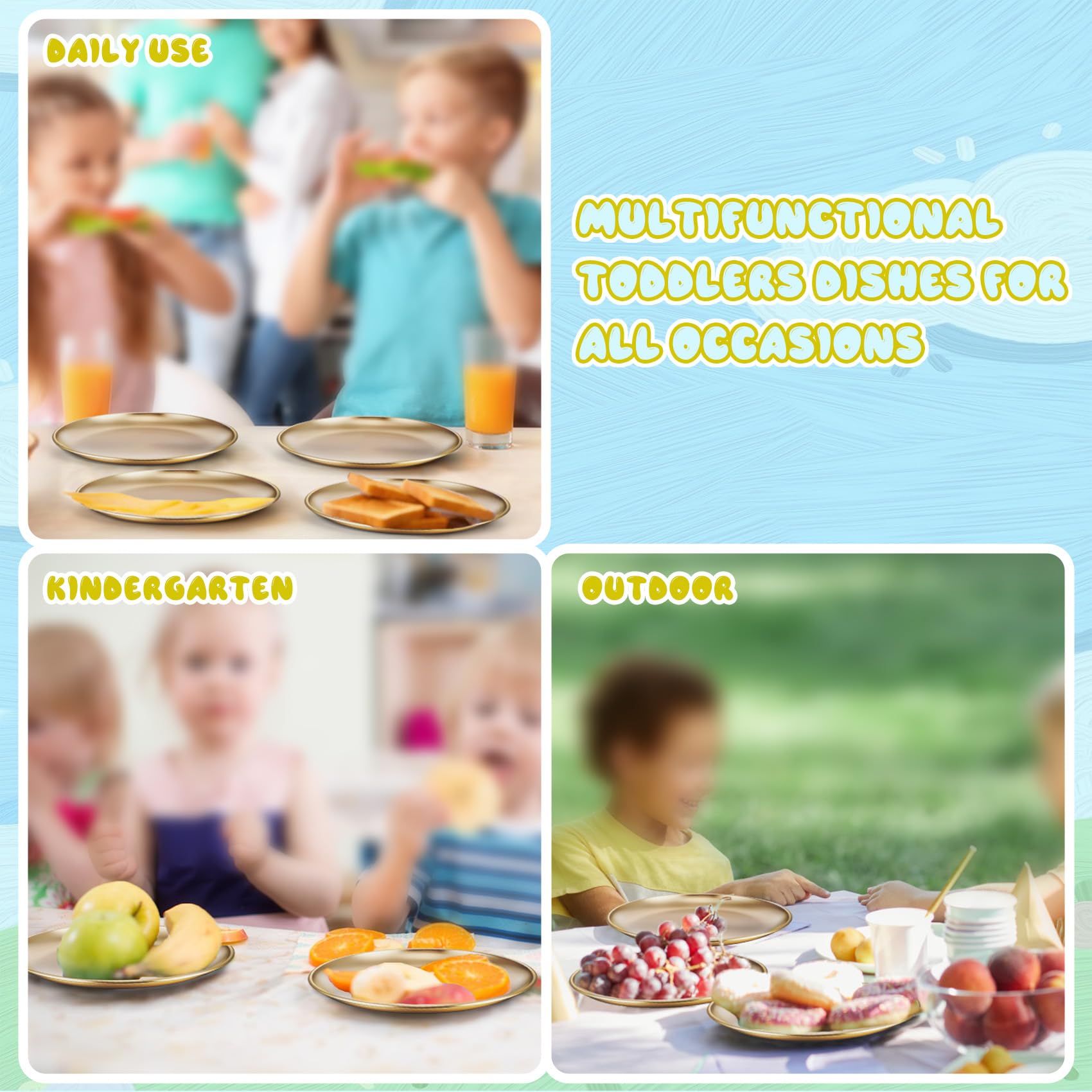 TeamFar gold finish plates—rust-resistant metal that cleans easily after meals.