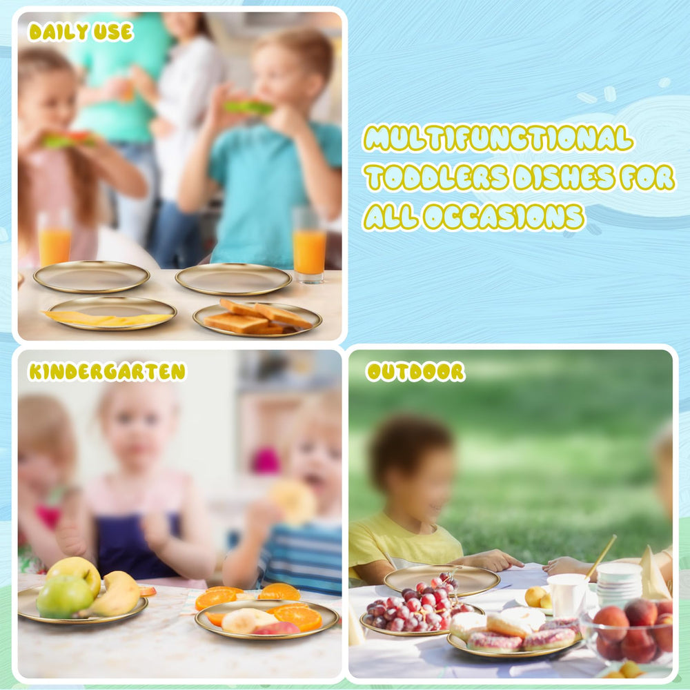 TeamFar gold finish plates—rust-resistant metal that cleans easily after meals.