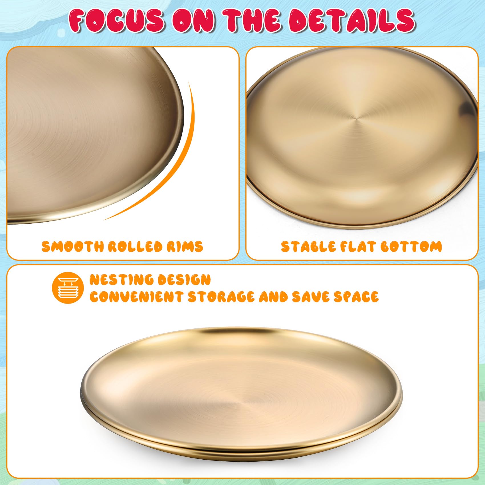 TeamFar stainless steel kids plates gold 8-inch plate with smooth surface and stability