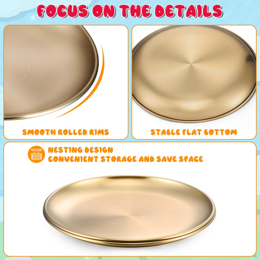 TeamFar stainless steel kids plates gold 8-inch plate with smooth surface and stability