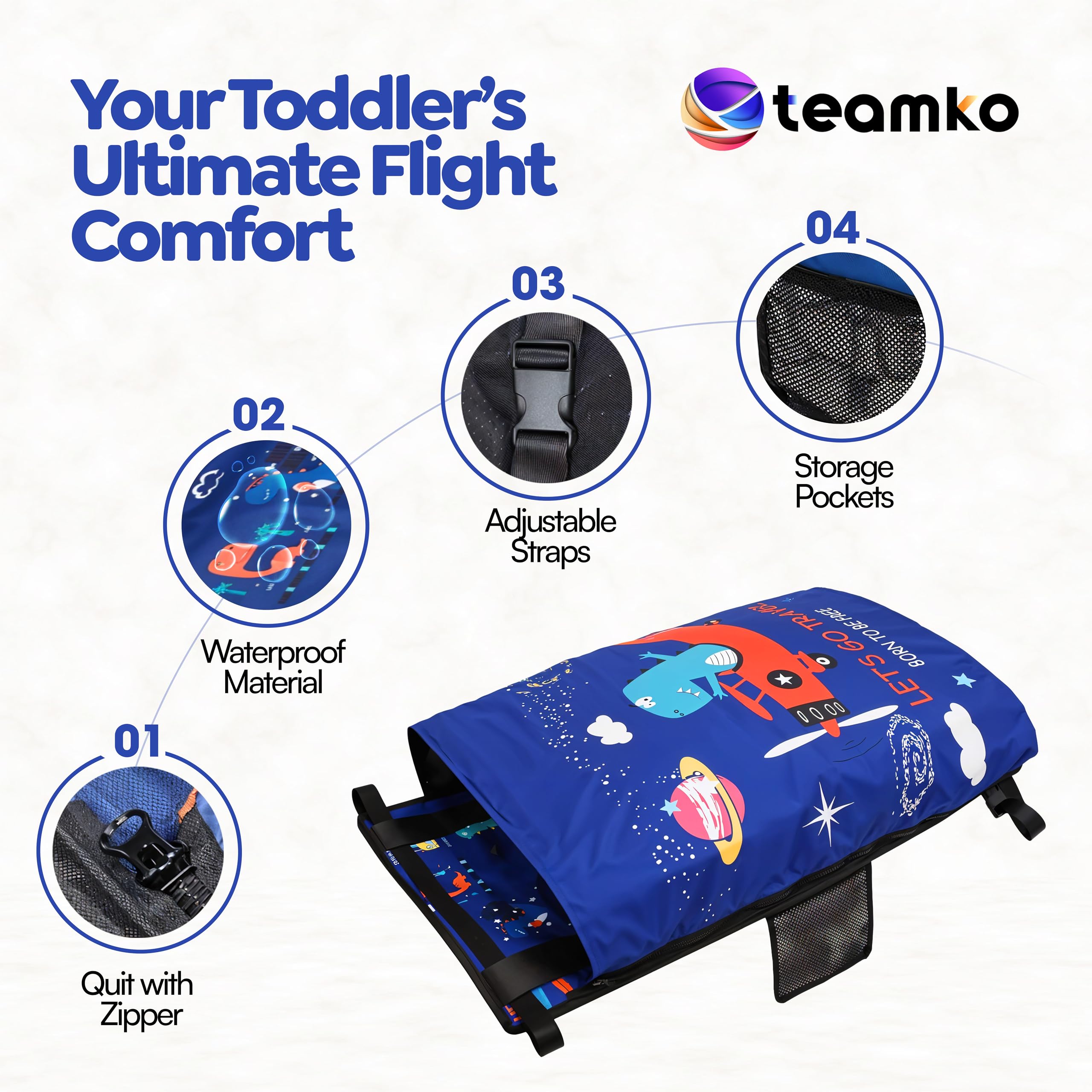 Teamko airplane seat extender for kids converts seats into a cozy nap space.