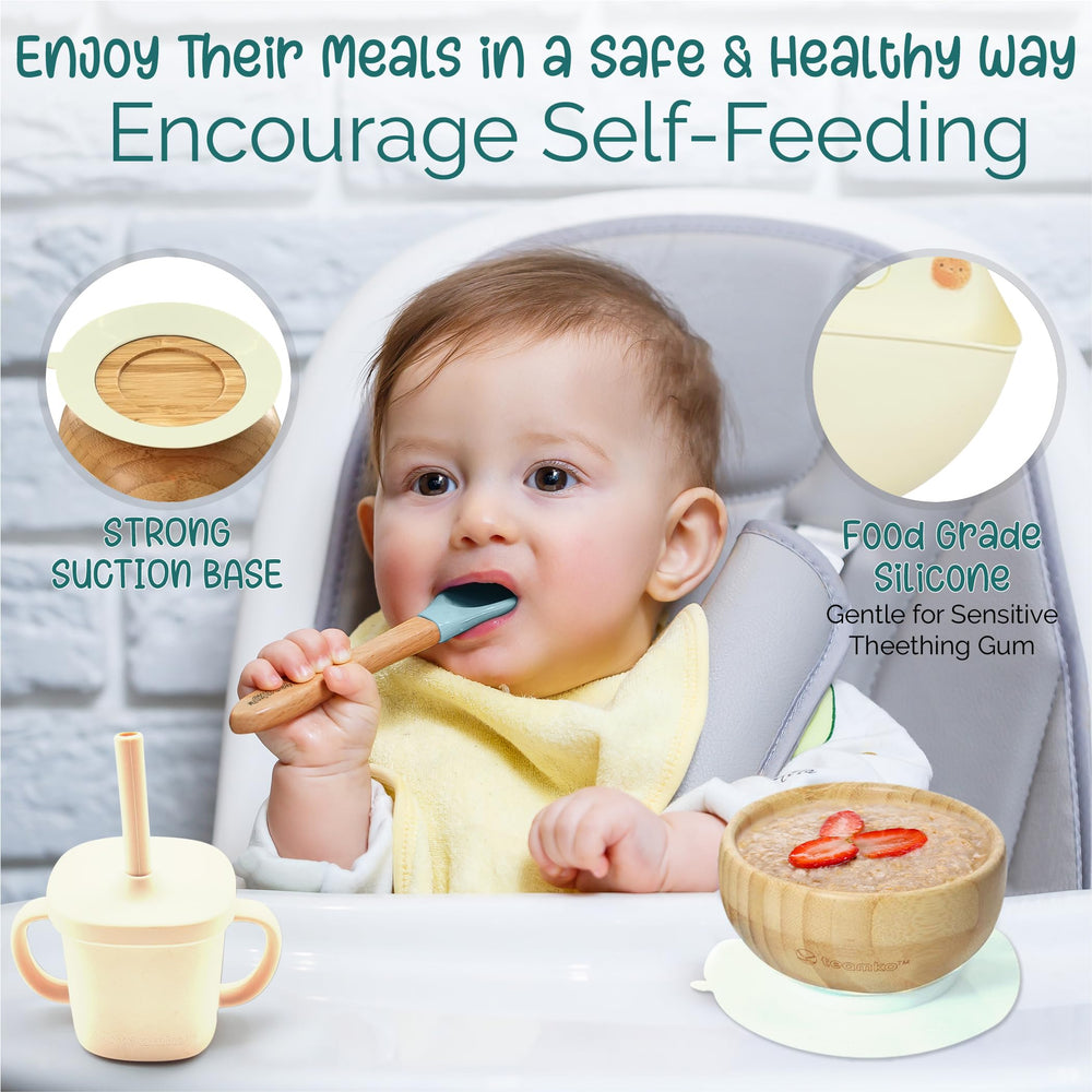 Teamko bamboo-bowl highlights easy scooping for tiny hands during meals.