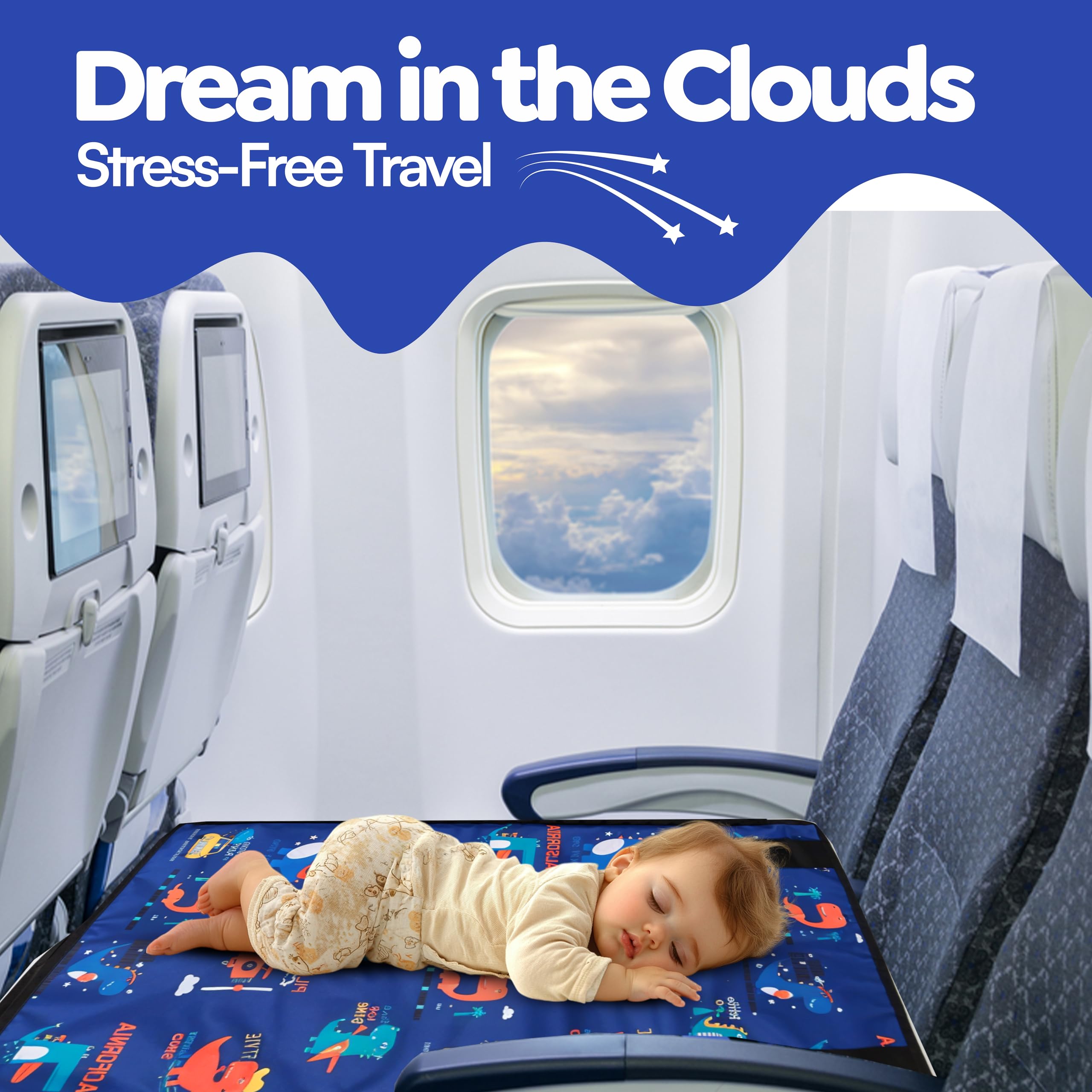 Teamko compact travel bed fits standard airplane seats neatly during flight.