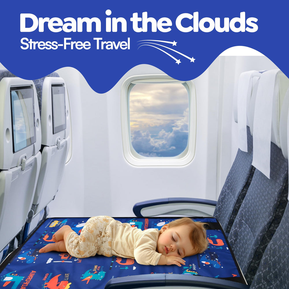 Teamko compact travel bed fits standard airplane seats neatly during flight.