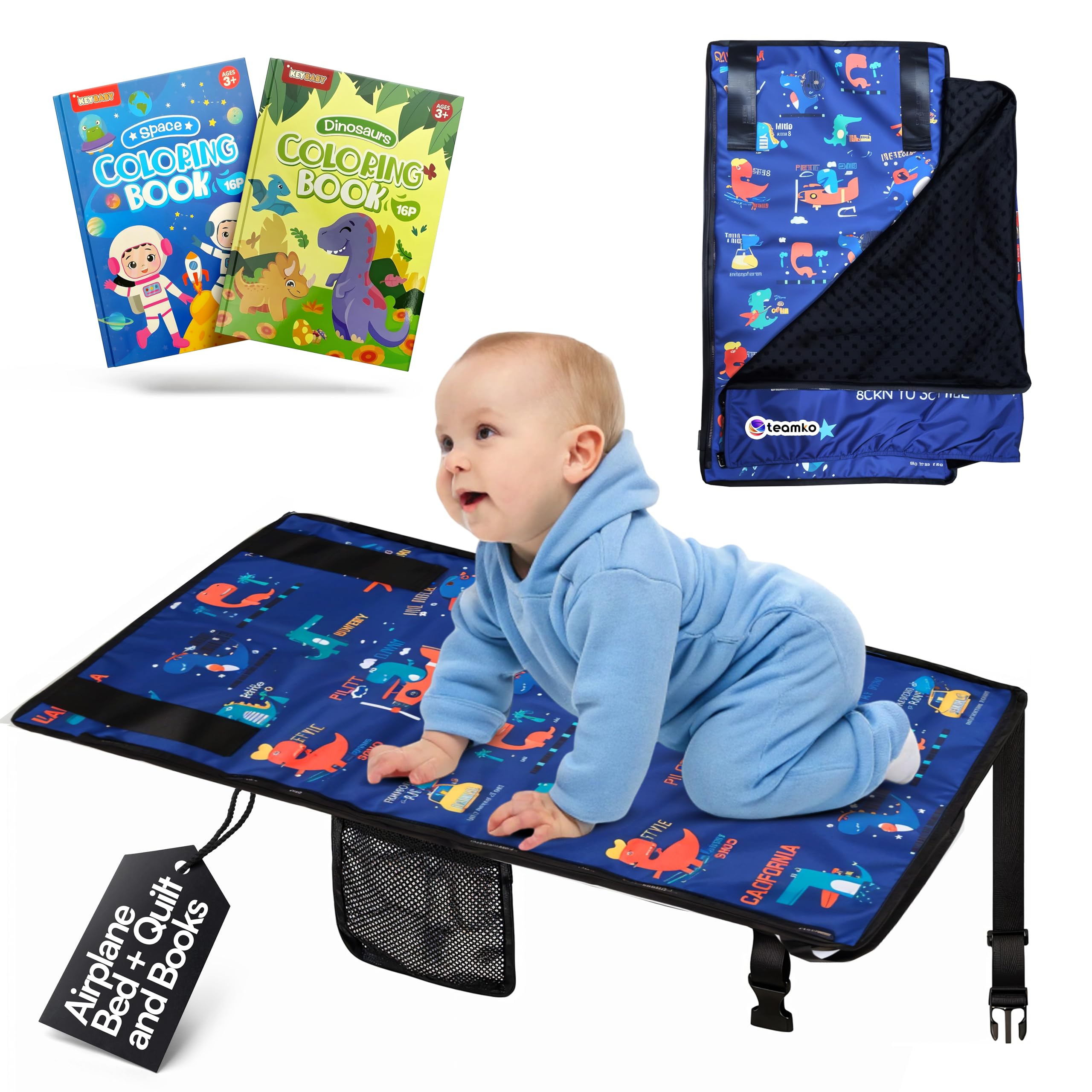 Teamko toddler airplane bed with quilt keeps kids resting comfortably on flights.