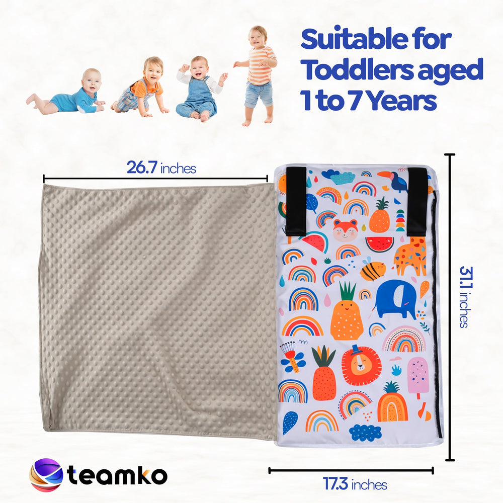 Teamko toddler seat extender on plane turning a seat into a cozy bed.