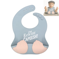 Teasin' Teethers Capeesh Blue bib front view with spill-catching pocket for mess-free meals.