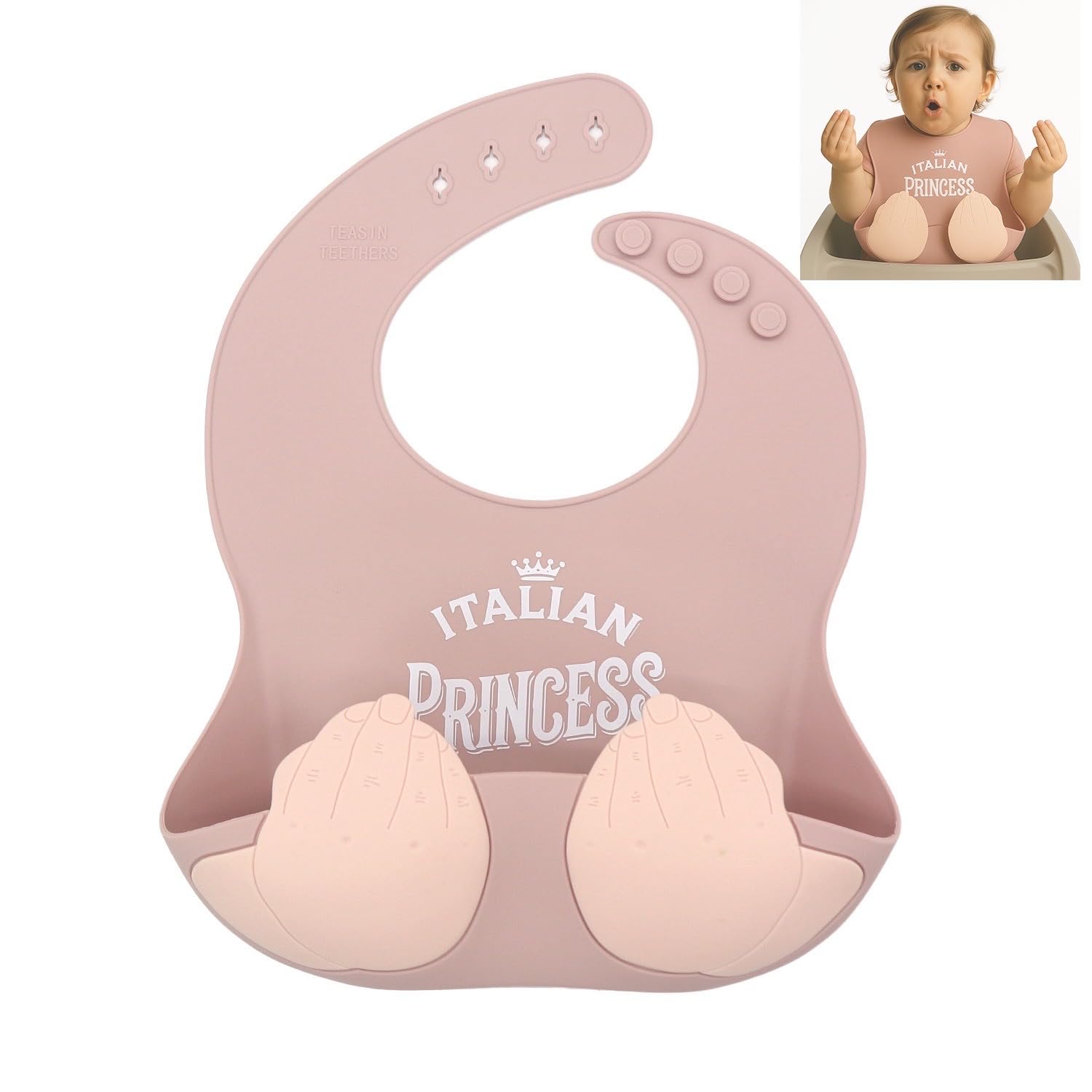 Teasin' Teethers Italian bib with pocket catches spills for mess-free mealtime.