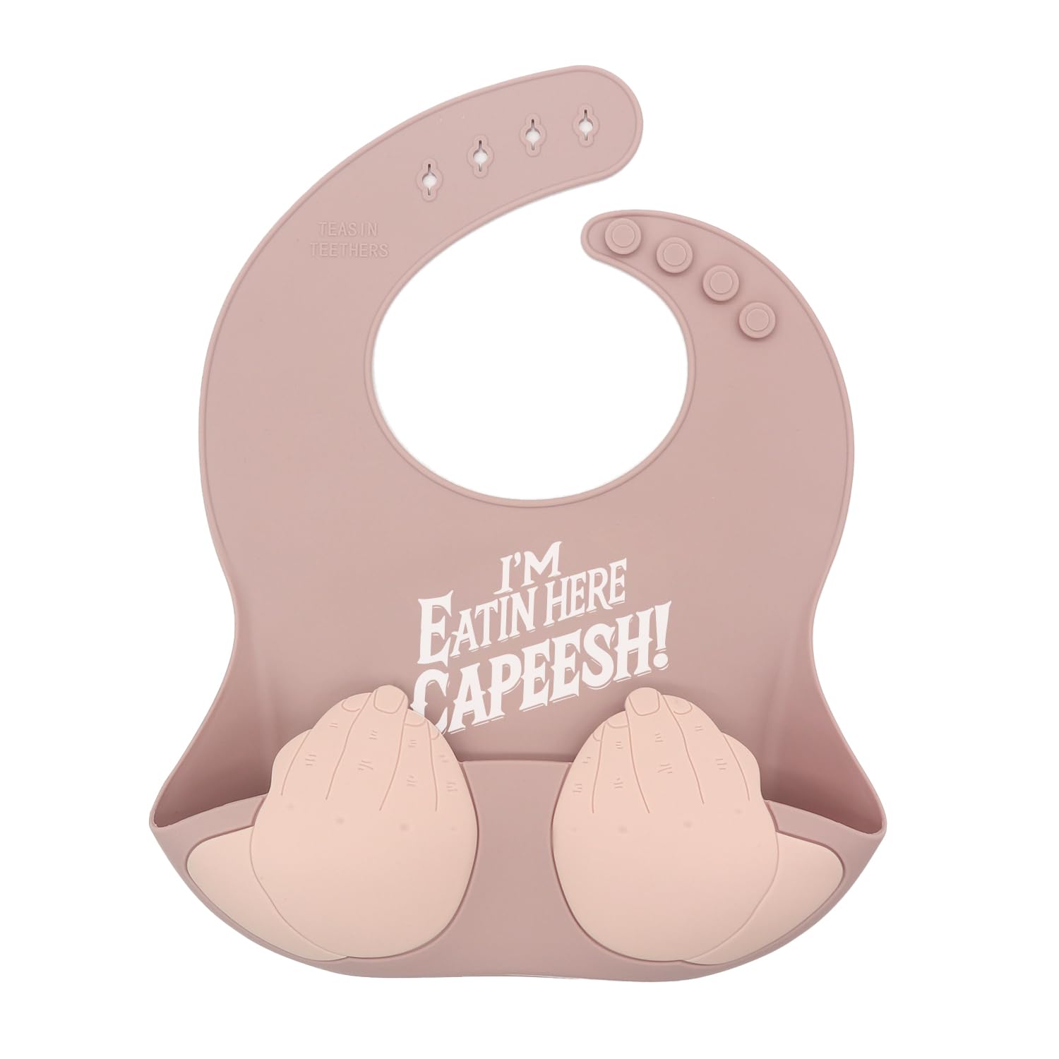 Teasin' Teethers bib features Italian hand-gesture graphic for playful mealtime