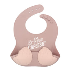 Teasin' Teethers bib features Italian hand-gesture graphic for playful mealtime