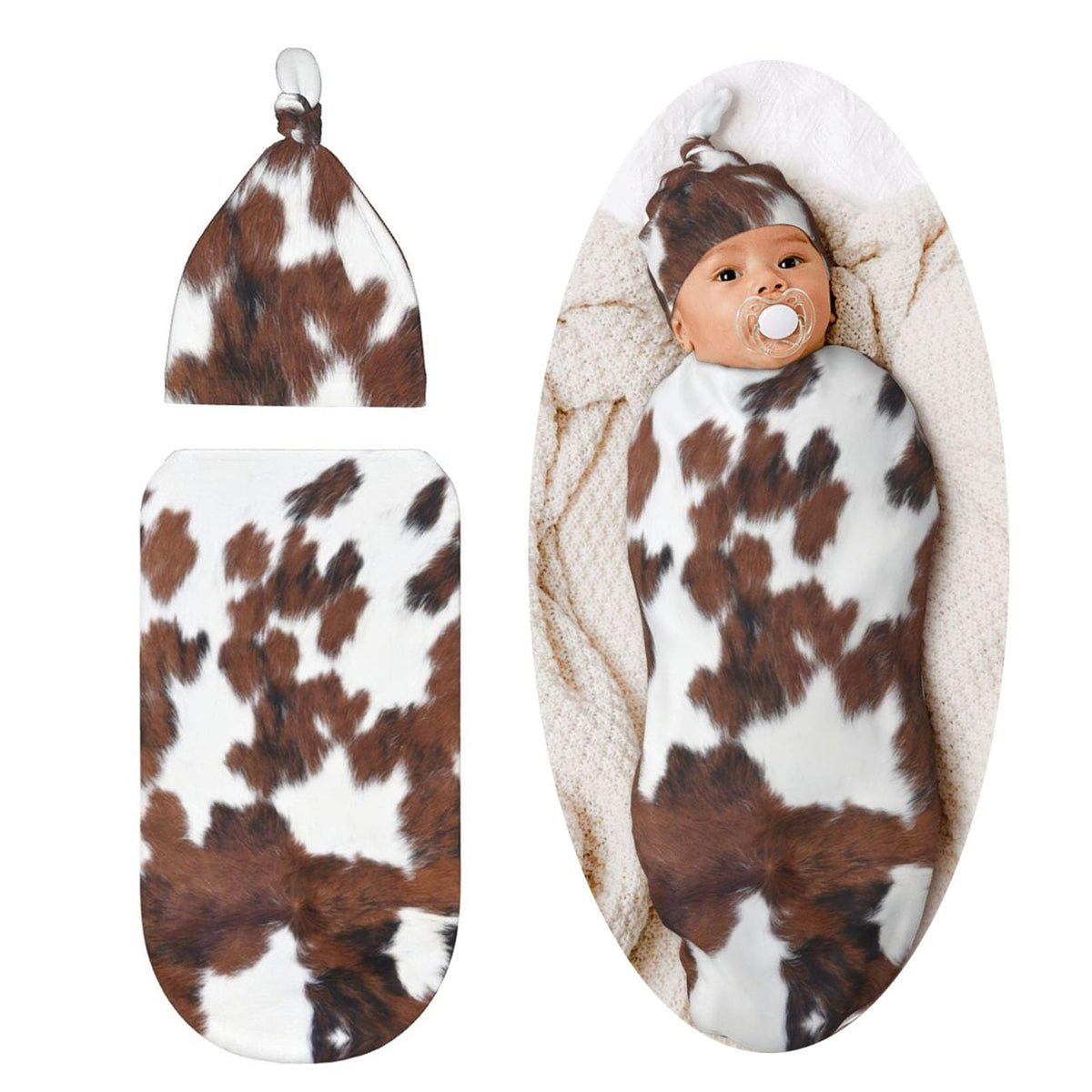 Tebjh brown cow print swaddle blanket shows soft breathable fabric