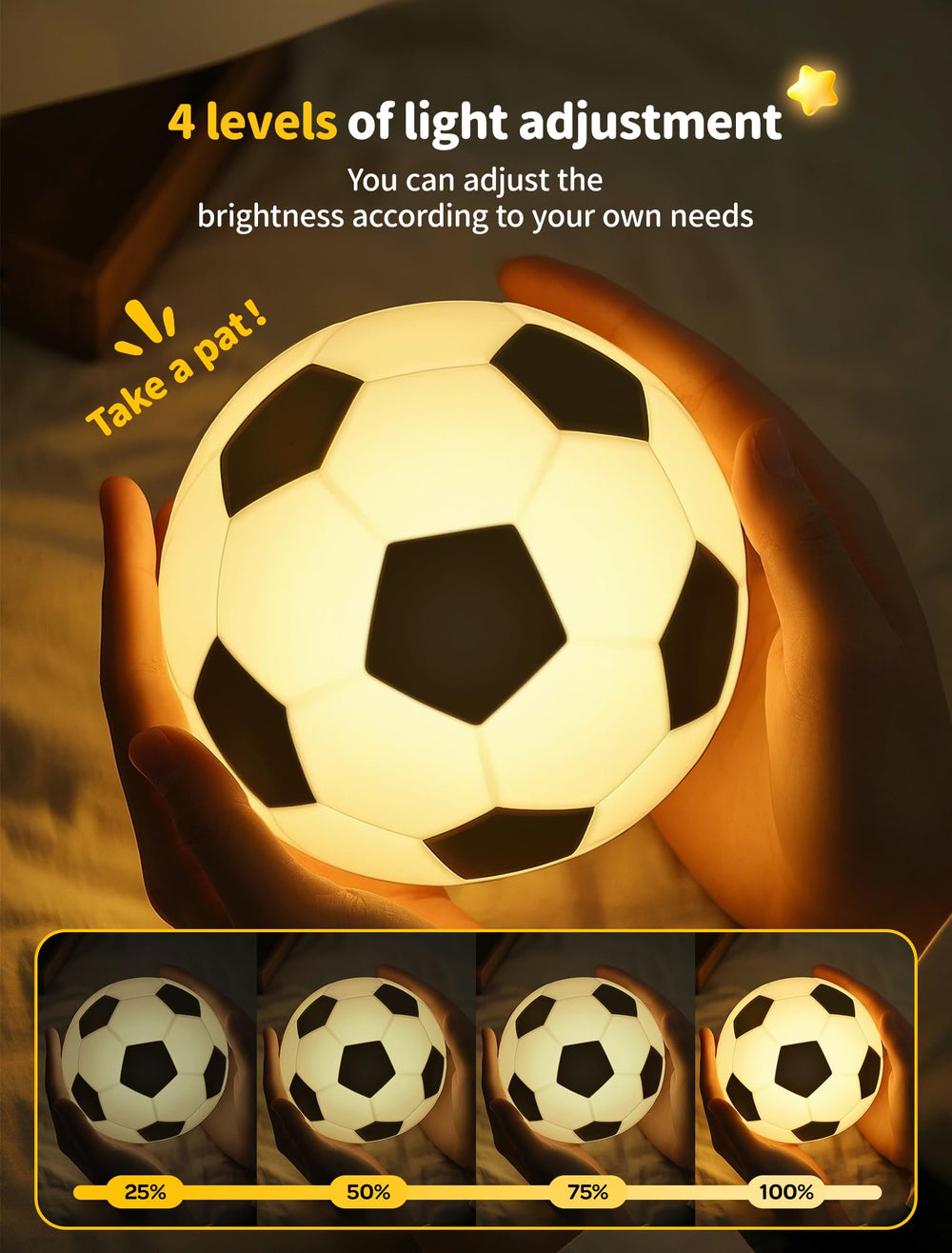 TechCharm Soccer Night Light dimmer control showing four brightness levels