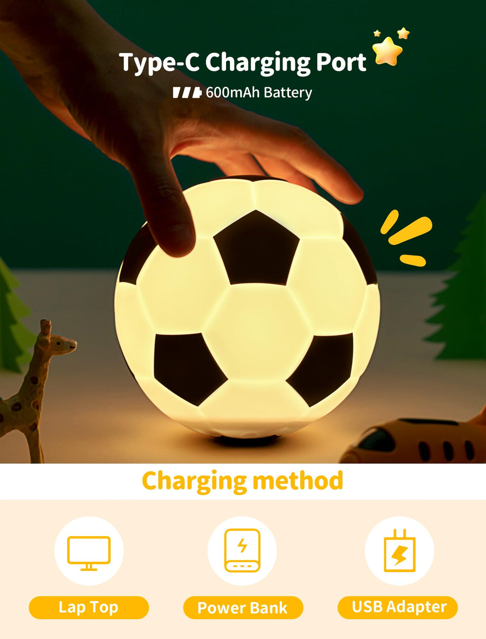 TechCharm Soccer Night Light in a kid bedroom with warm glow