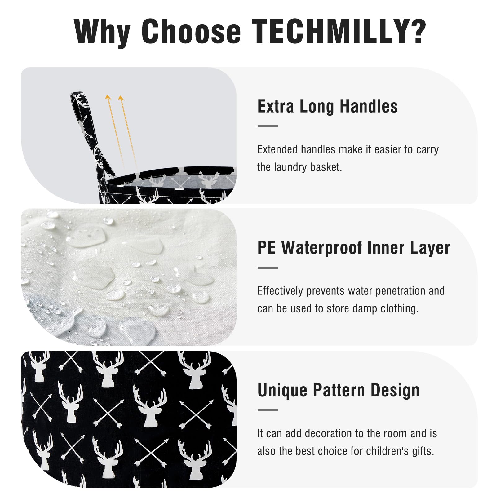TECHMILLY baskets with long handles are easy to carry between rooms.