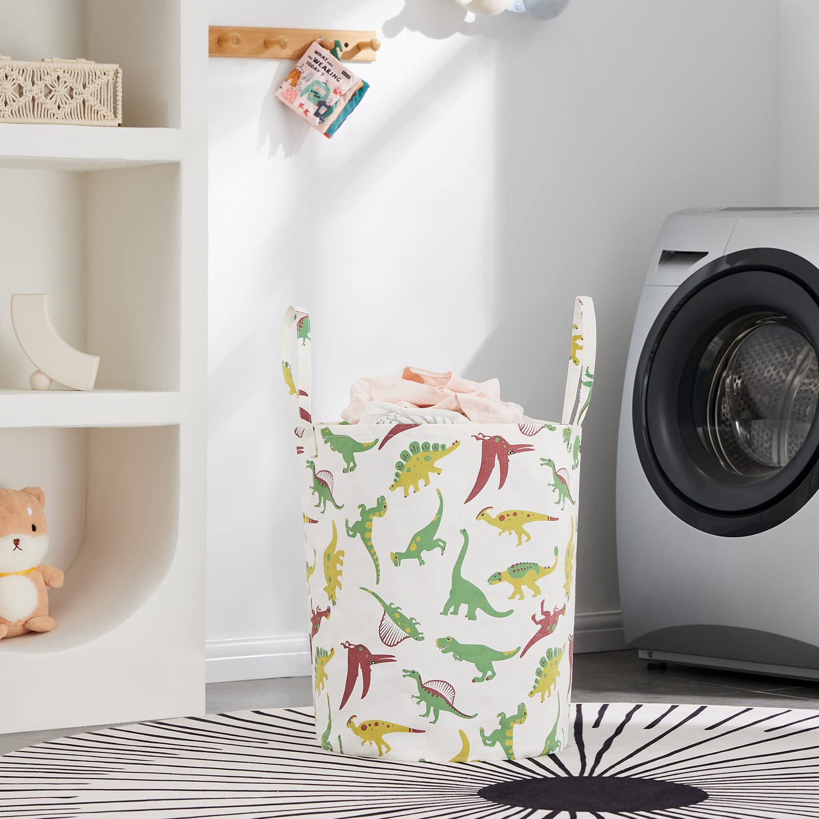 Techmilly green dinosaur basket collapsible for under-bed storage.