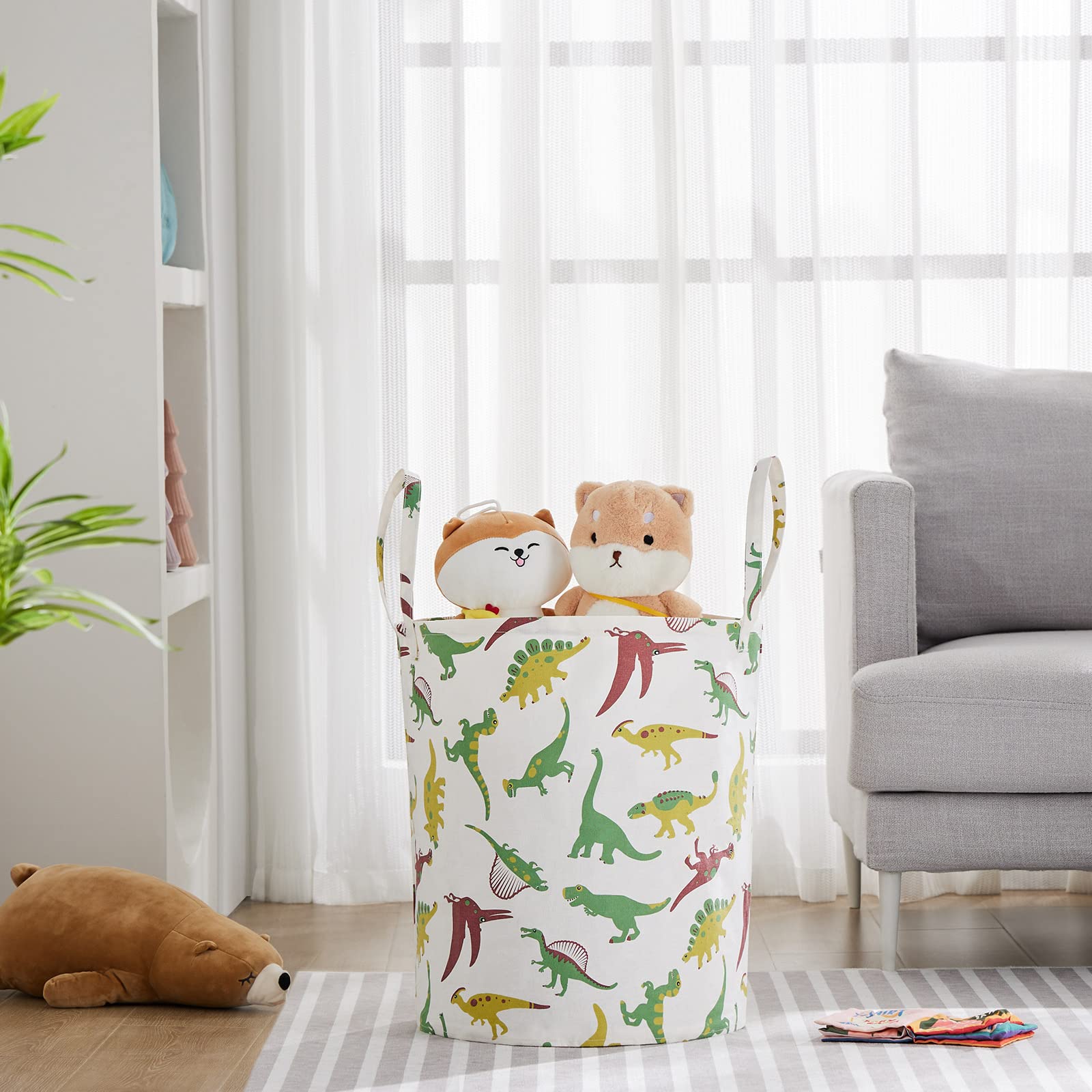 Techmilly green dinosaur decor adds playful touch while storing items.