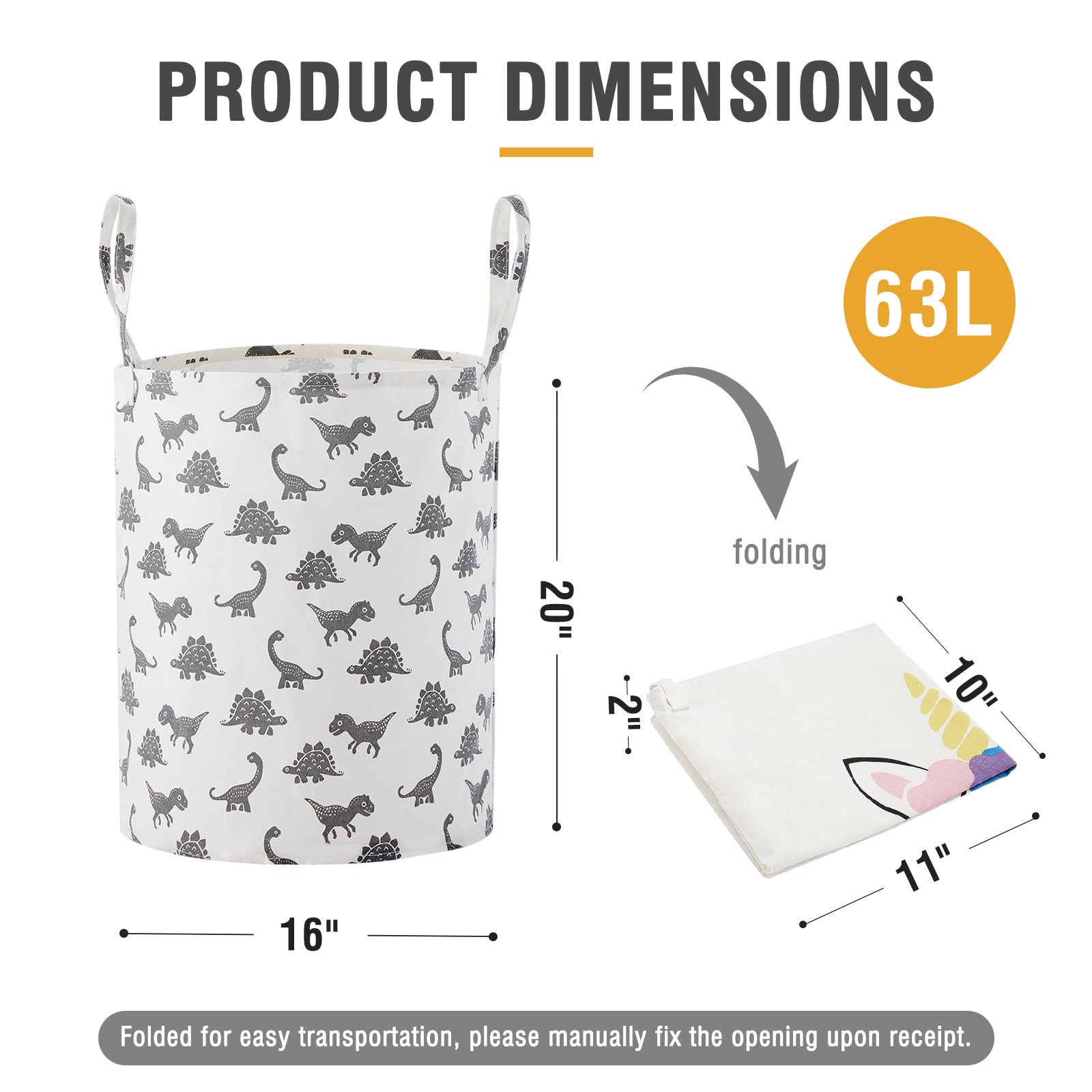 TECHMILLY large storage basket grey dinosaur filled with diapers and wipes for nursery organization